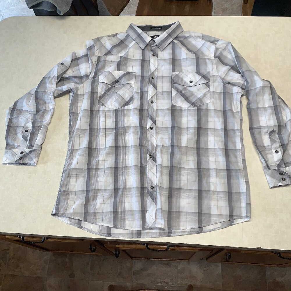 Rock & Republic Shirt Men's XXL Gray & White Plaid Button Up Long Sleeve